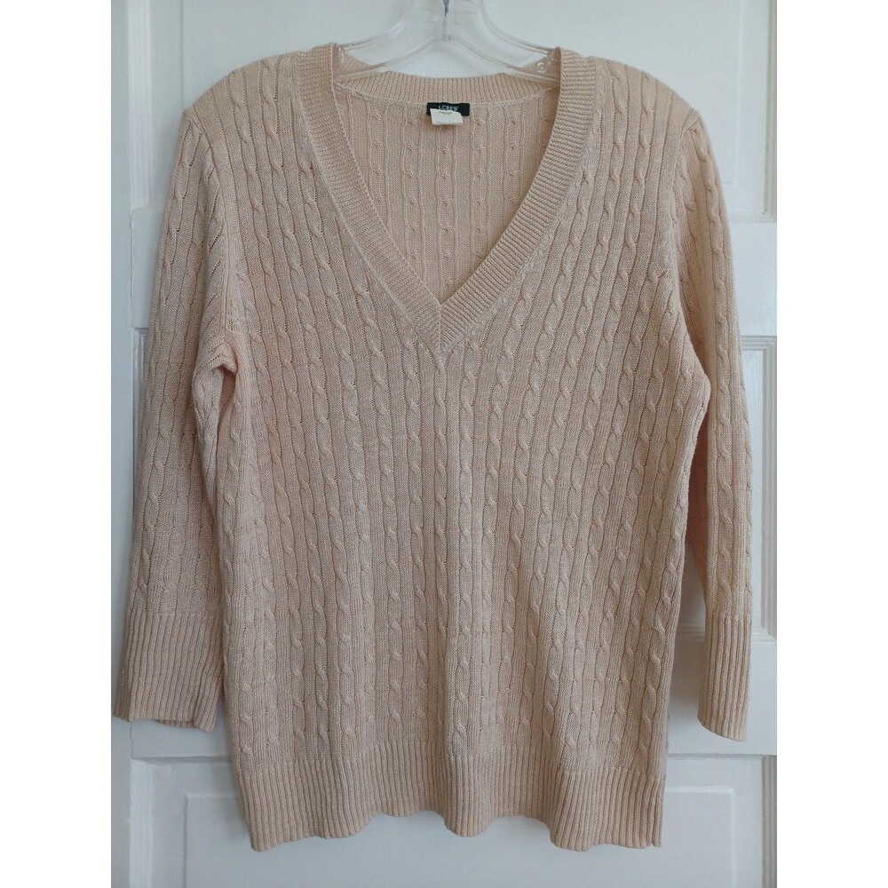 J. Crew beige linen cable knit sweater womens L Vneck minimalist neutral preppy